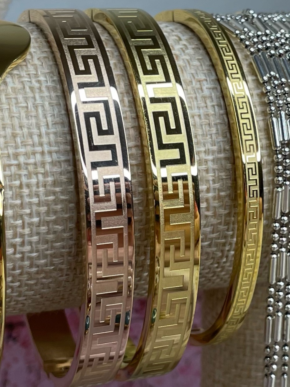 Inspired Stylish Greek Key Bangles - Gold & Rose Gold Stainless Steel